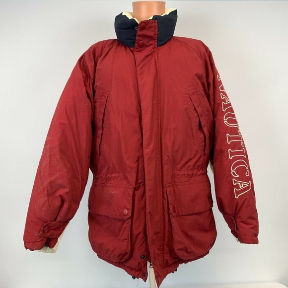 Nautica Duck Down Embroidered Puffy Jacket Vtg 90s Red Size L - Picture 2 of 6